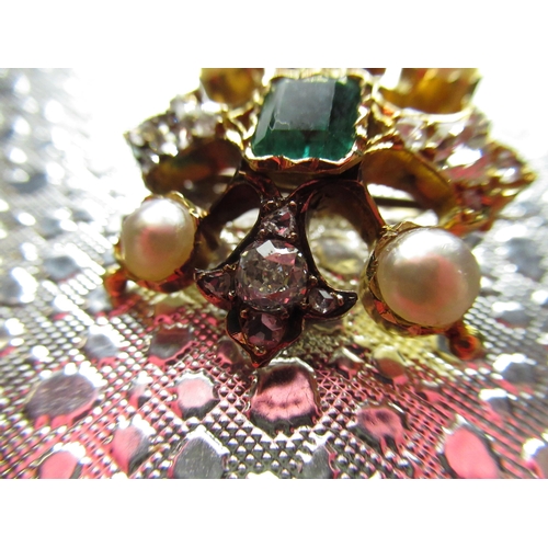1 - Victorian hallmarked gold brooch set with twenty diamonds centered with an emerald, pearls on separa... 