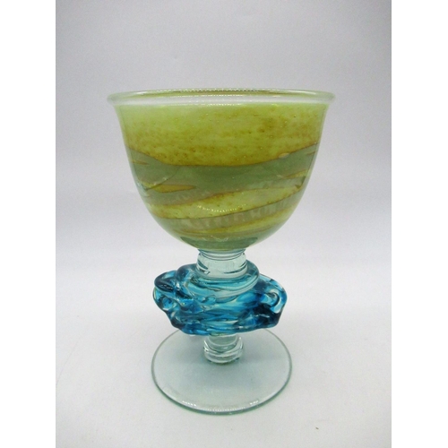 52 - Michael Harris for Mdina, green and blue glass chalice with textured knop stem, signed Michael Harri... 