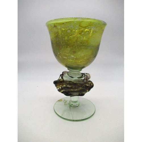 54 - Michael Harris for Mdina, green and purple glass chalice with textured knop stem, signed Michael Har... 