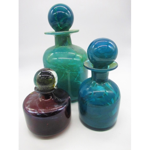 56 - Mdina blue and green glass decanter with stopper H30cm, Mdina blue glass decanter with stopper H20cm... 