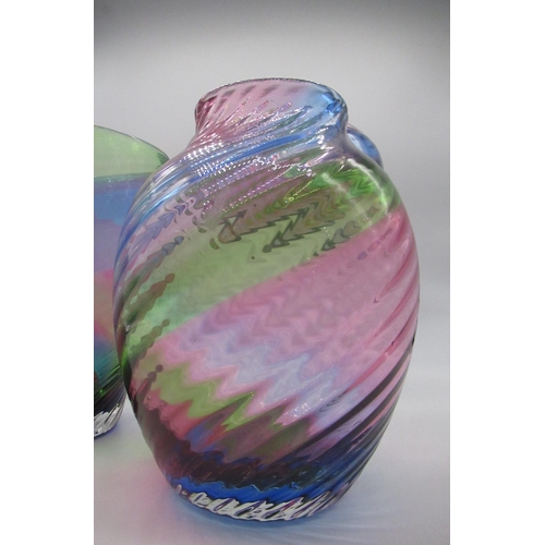 63 - Textured pink, purple and green rainbow Stevens and Williams art deco glass vases and bowl, max H21c... 