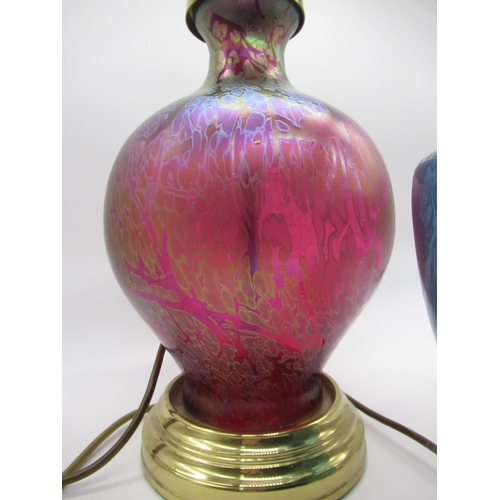 66 - Large Royal Brierley pink iridescent art glass vase shaped table lamp with gold coloured fixtures an... 