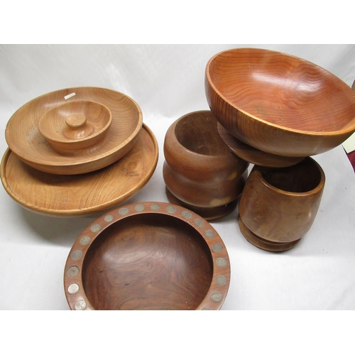 593 - Contemporary turned walnut fruit bowl set with George VI sixpences (some missing) D31.5cm, turned el... 