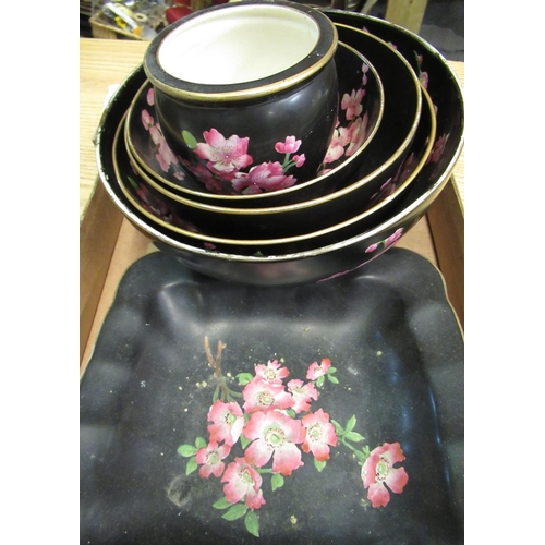 577 - Wiltshaw & Robinson Carlton Ware black ground bowl hand painted with apple blossom with gilt edge, a... 