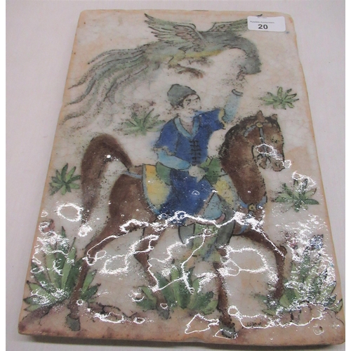20 - C20th glazed plaster panel, depicting horseman on horseback with a phoenix W22.5cm H31cm