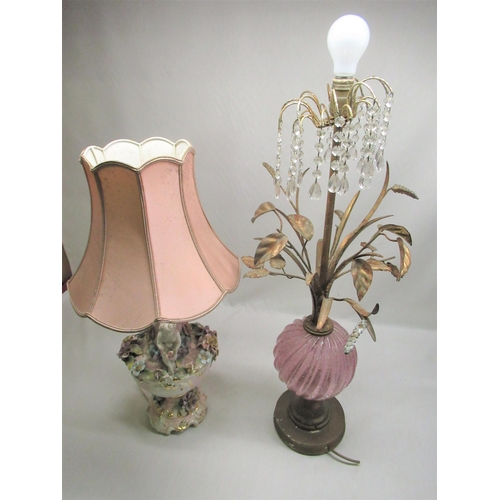 37 - Capodimonte table lamp H68cm (base A/F) and an art glass and gilt metal table lamp with faceted crys... 