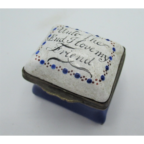 6 - Late C18th/early C19th Battersea type enamel rectangular patch box with cushion lid, with dedication... 