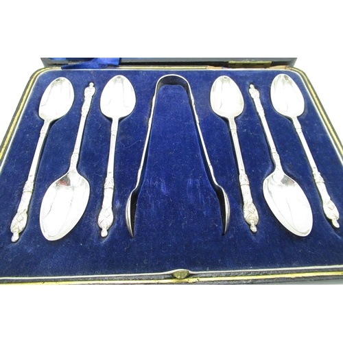 47 - Cased set of six Geo.V silver apostle spoons with matching sugar tongs, cased, Sheffield 1919, 2.7oz... 