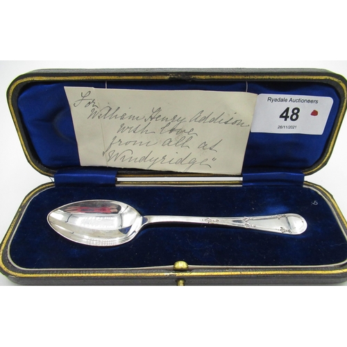48 - Geo.V silver Christening spoon, cased Sheffield 1915, .5ozt