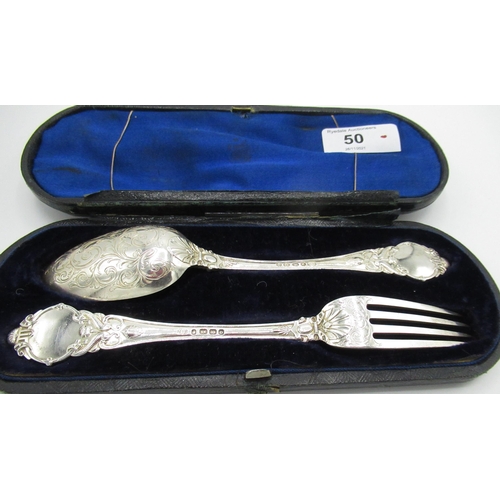 50 - Victorian silver christening set, with cast shell terminal, monogrammed cartouche, Birmingham 1866, ... 