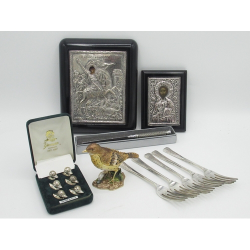 513 - C20th silver Greek icon (W14cm H17cm), a smaller silver and mounted Greek icon (W8.5cm H11.5cm), sil... 