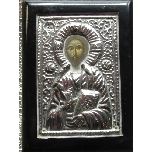 513 - C20th silver Greek icon (W14cm H17cm), a smaller silver and mounted Greek icon (W8.5cm H11.5cm), sil... 