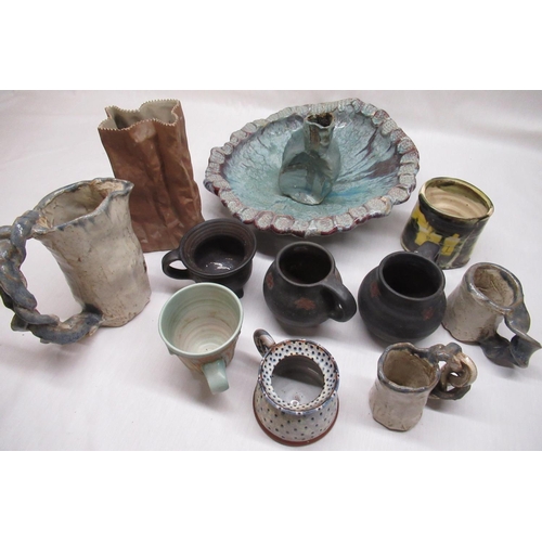 190 - Glazed earthenware art pottery fruit bowl D34cm, glazed earthenware art pottery vase with plaited ha... 