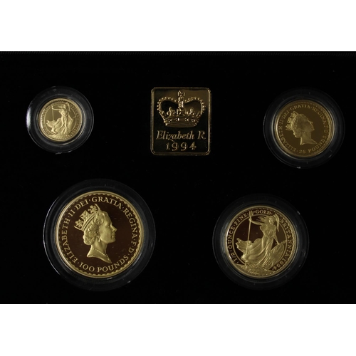 600 - Royal Mint Britannia 1994 gold proof collection.  Four coins face value £100 (34.05g), £50 (17.025g)... 
