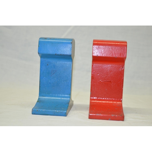 507 - Pair of train rail cross section book ends heavy steel blue and red