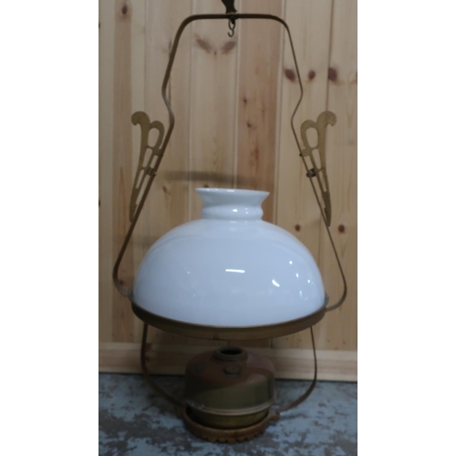 468 - Brass railway platform style oil lamp with glass shade, H72cm