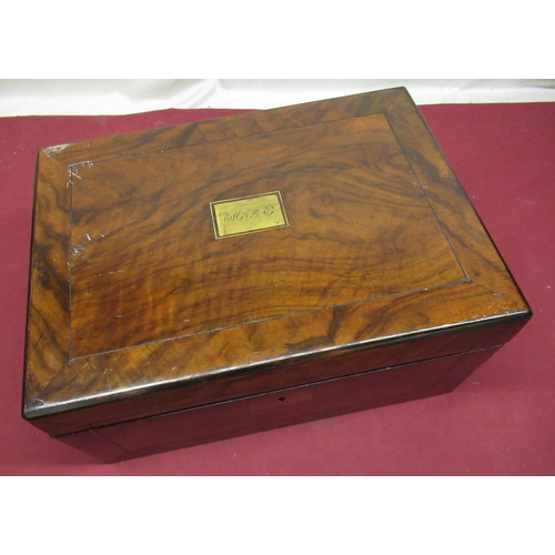 434 - Victorian ebonised banded figured walnut folding travelling writing slope, the fitted interior with ... 