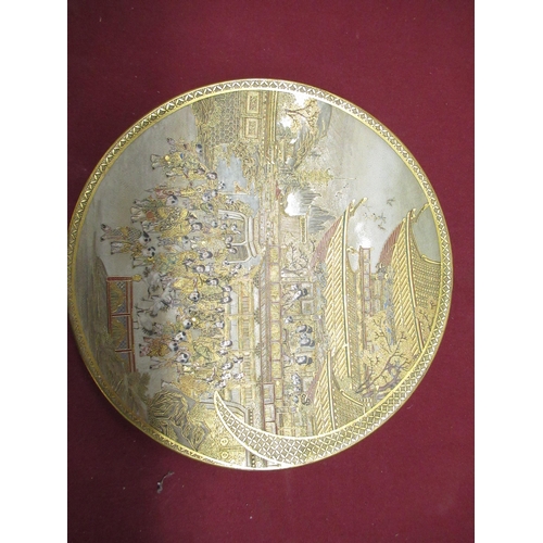436 - Japanese Satsuma circular shallow dish, painted and decorated in gilt with figures and cranes before... 