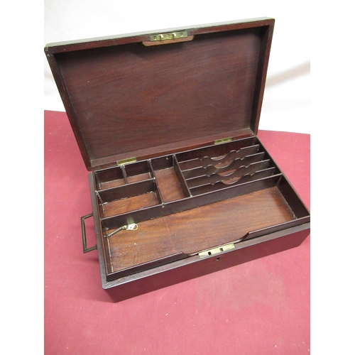 466 - C19th mahogany travelling stationary box inset with letter and pen tray, with recessed campaign styl... 