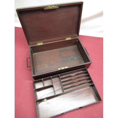 466 - C19th mahogany travelling stationary box inset with letter and pen tray, with recessed campaign styl... 