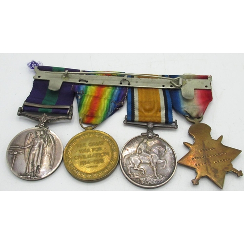 1 - WWI group of medals, comprising of 1914 - 1915 Star, 1914 - 18 war medal, Victory medal, Geo. V gene... 