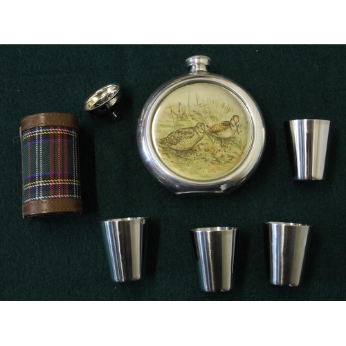 397 - Boxed as new bush master puter hip flask with funnel featuring a brace of woodcock and a tartan cove... 