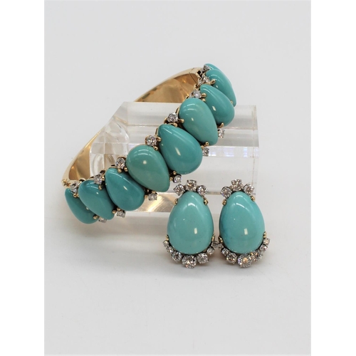 1130 - Pair of mid century turquoise and diamond clip earrings, teardrop cabochon turquoise beads, the top ... 