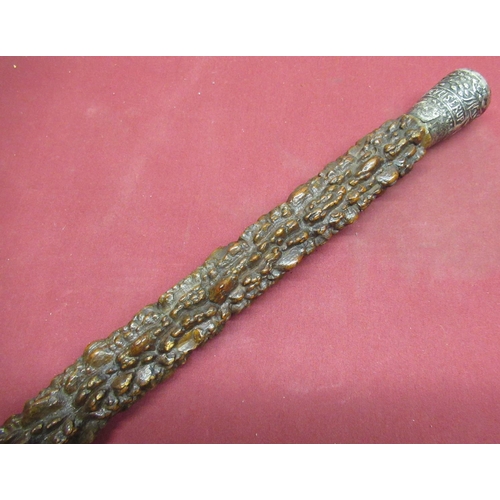 1047 - Unusual late C19th burr wood walking stick, continental white metal top embossed with stags in woodl... 