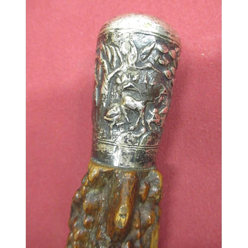 1047 - Unusual late C19th burr wood walking stick, continental white metal top embossed with stags in woodl... 