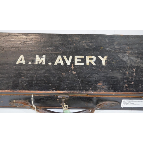 300 - Painted black recantgular gun case with name “A.M.Avery” painted in white to top, with green felt in... 