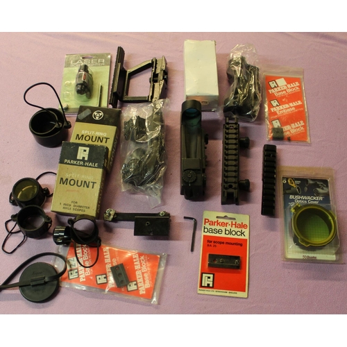 80 - A large and varied collection of scope mounts, optics covers, Parker Hale base block etc.