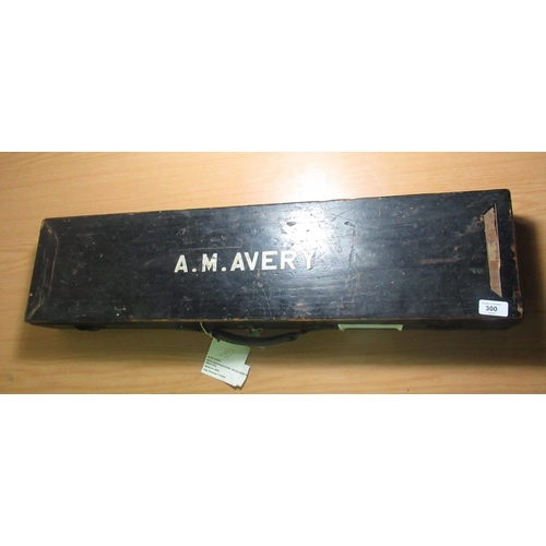300 - Painted black recantgular gun case with name “A.M.Avery” painted in white to top, with green felt in... 