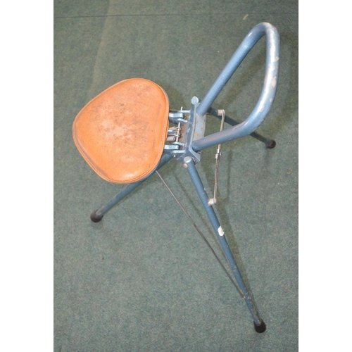 89b - Vintage metal folding fishing chair with leather seat cushion. Light, comfortable and functional.