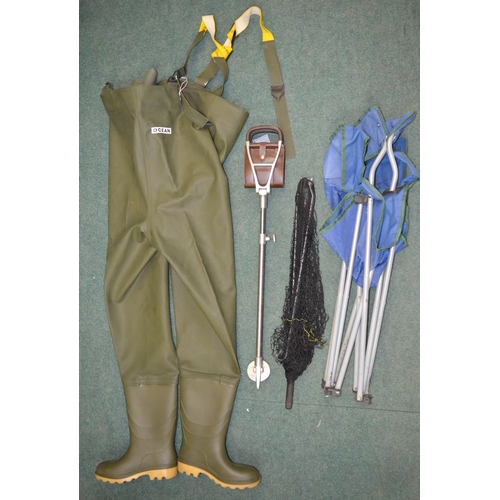 92c - A walking/shooting stick, a pair of as new Ocean chest high waders with studded soles (UK size 7.5),... 