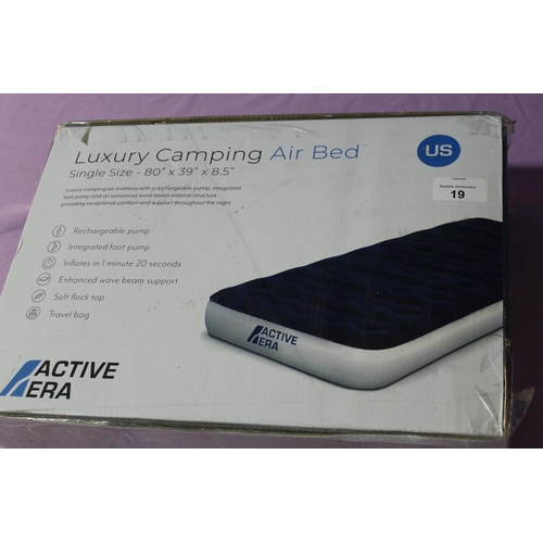 19 - Boxed as new luxury camping air bed, with rechargeable pump and Active Era travel bag, 80
