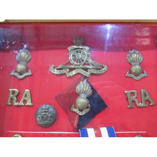 327 - Framed and mounted group of medals and military insignia, titled 14296627 EBR H. Etchells (see relat... 