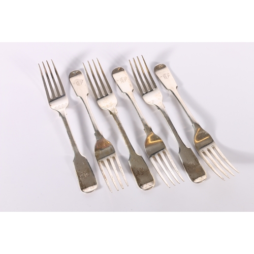 32 - Set of six Victorian silver fiddle pattern table forks monogrammed WJ by Samuel Hayne & Dud... 