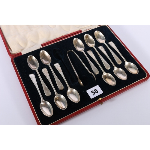 55 - A incomplete set of eleven tea spoons and tongs of oar pattern with bright cut borders by Josia... 