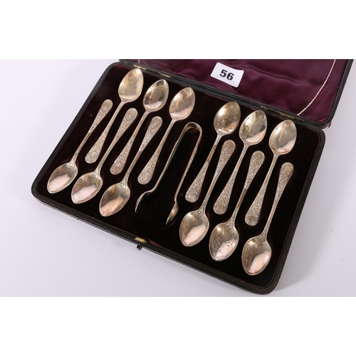 56 - Set of twelve Victorian silver fancy pattern tea spoons and matching sugar tongs by Martin, Hal... 
