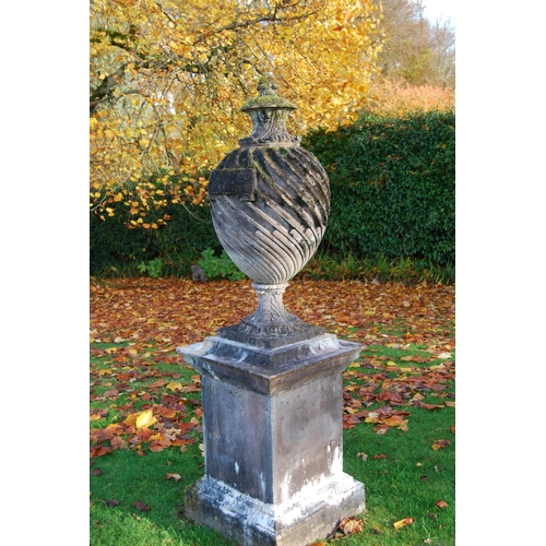 361 - Large composite Regency style lidded garden urn, on plinth base, 160cm high.