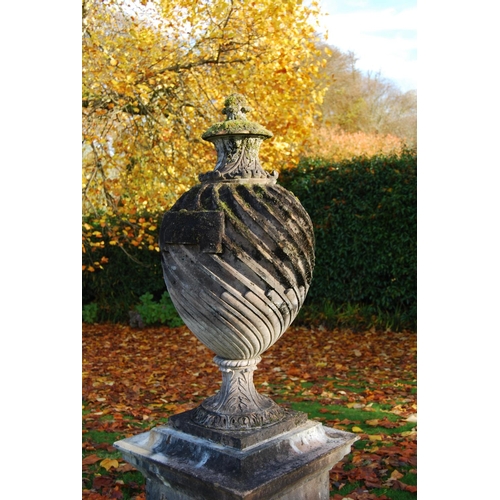 361 - Large composite Regency style lidded garden urn, on plinth base, 160cm high.