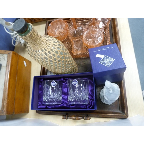 17 - Edinburgh Crystal boxed whisky tumblers, dressing table set, parasol in a wooden box with decoration... 