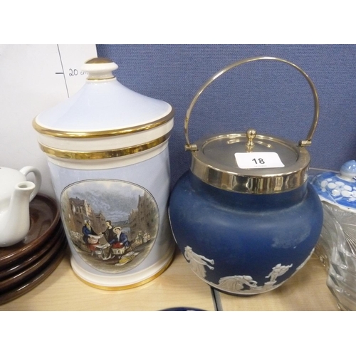 18 - Blue Jasper Ware biscuit barrel, Kirkhams Ltd 'Fish Market' storage jar, Kangxi-style ginger jars, c... 