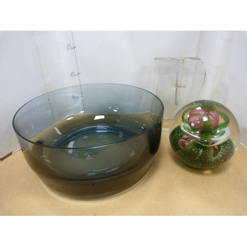 21 - Vasart glass posy basket, paperweight, Vasart green glass vase and a similar tinted glass bowl etc.