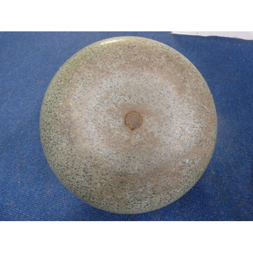 40 - Pair of polished curling stones with wood and metal handles.