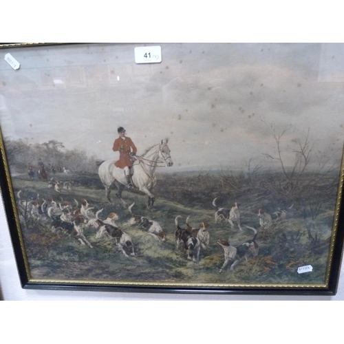 41 - Two hunting prints, 'The Huntsman' after Alfred J Munnings and another, also an oleograph.  (3)