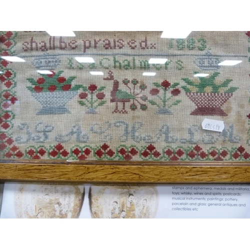 44 - Victorian sampler with alphabet, worked by Isa Chalmers, 1883, framed.