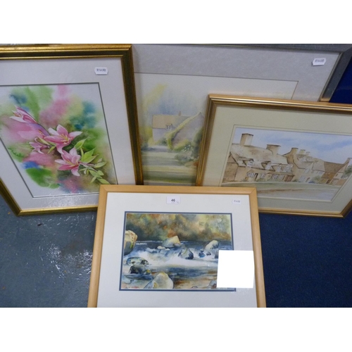 46 - Margaret A ClarkFour watercolours including 'Street in Broadway', seascape, still life and cottages.... 