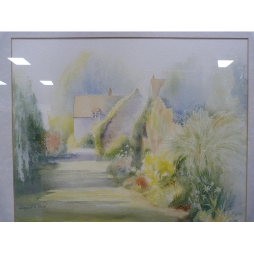 46 - Margaret A ClarkFour watercolours including 'Street in Broadway', seascape, still life and cottages.... 