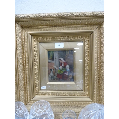 48 - Oil on board depicting a woman with a violin and a dog, in gilt frame.